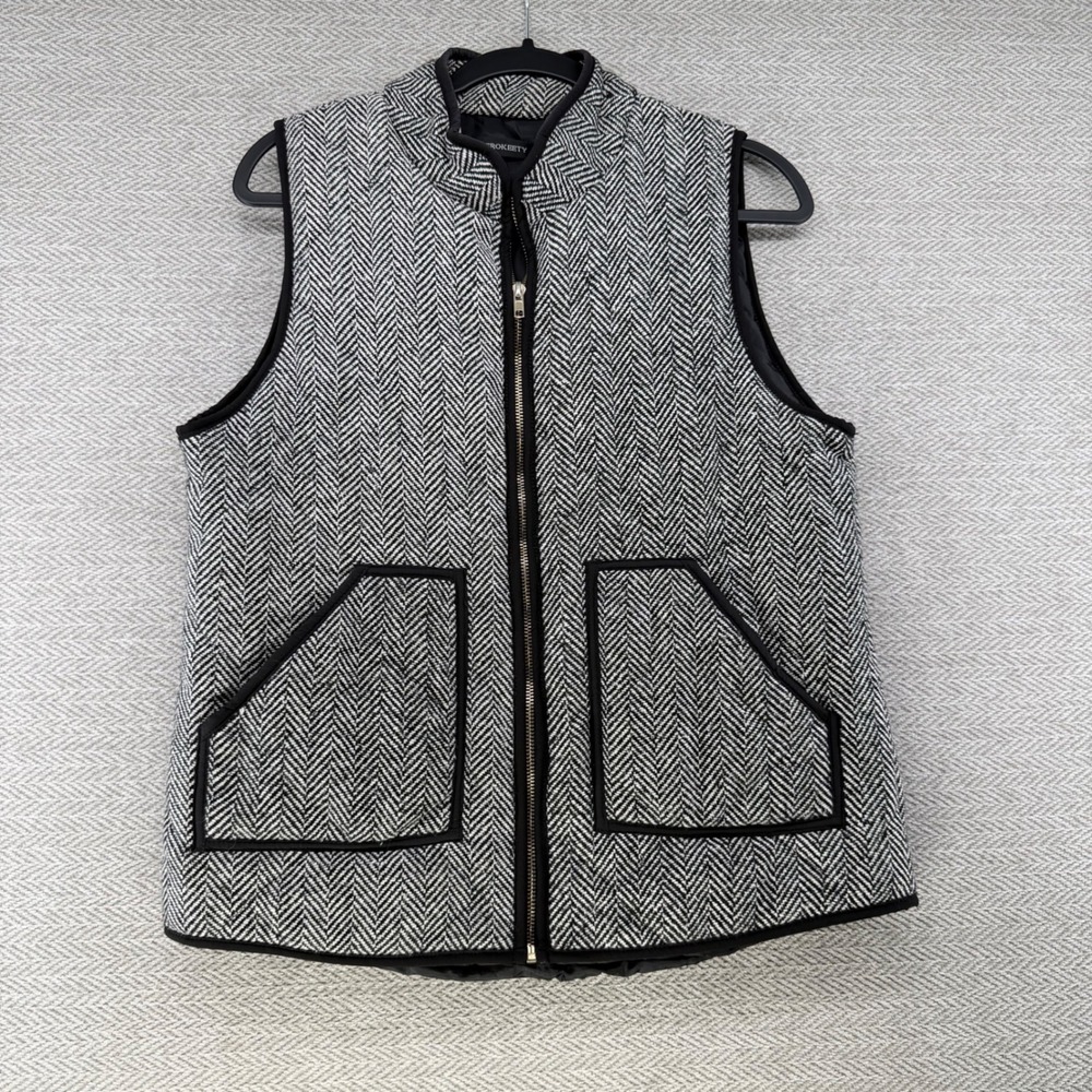 Merokeety Puffer Vest Large Black White Herringbone Zip Up Sleeveless Jacket